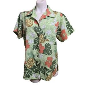 Malihini Hawaii Women's L Short Sleeve Green Floral Camp Collar Button Up Shirt
